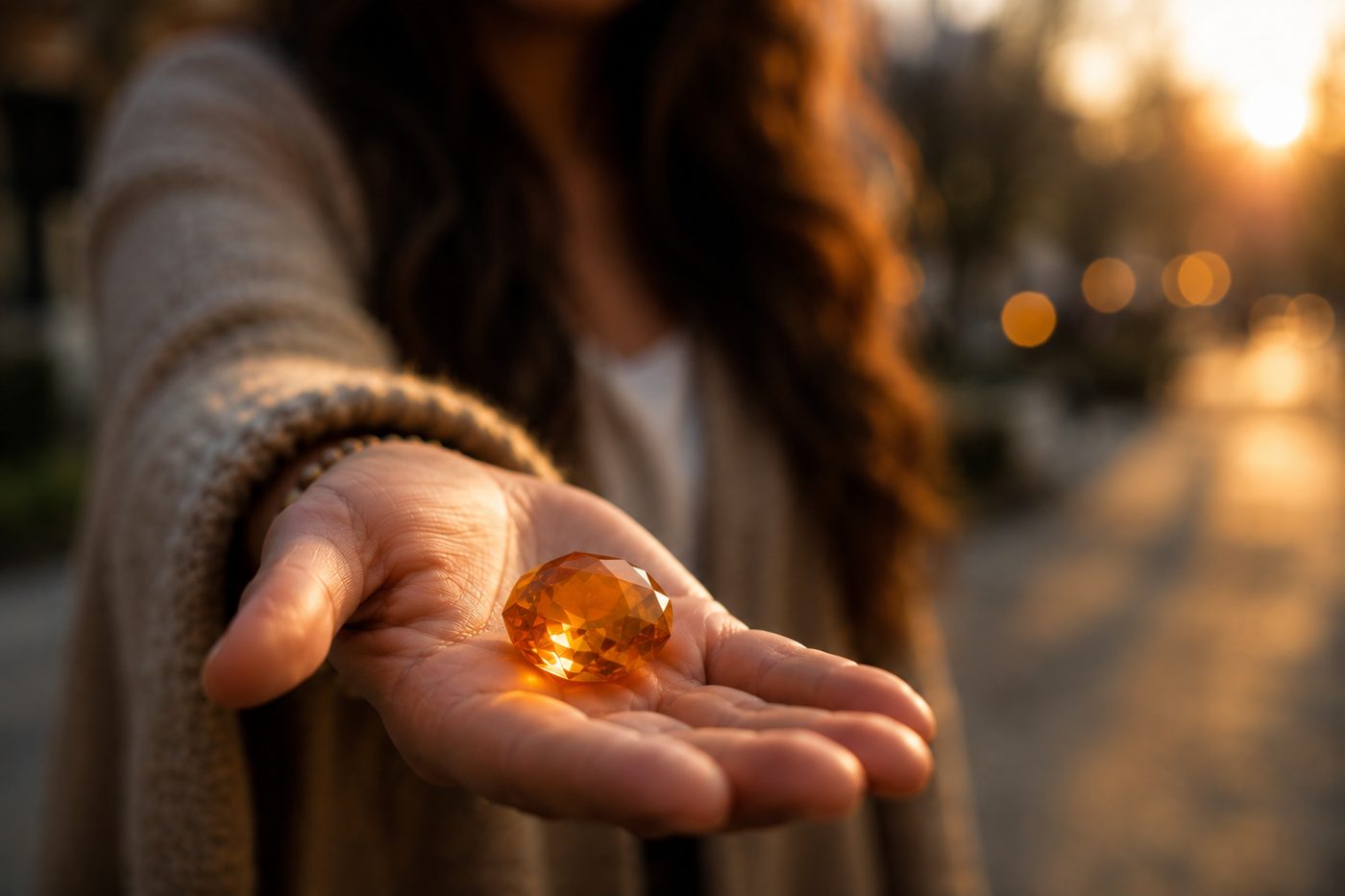 An open hand holding a glowing amber gem at sunset.